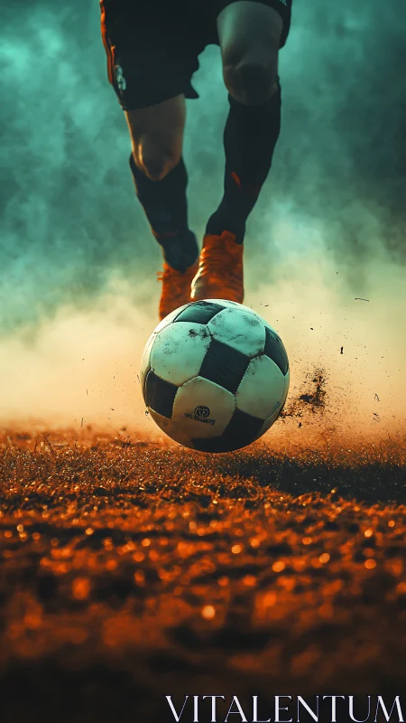 Soccer player striking ball on dusty field at low angle.