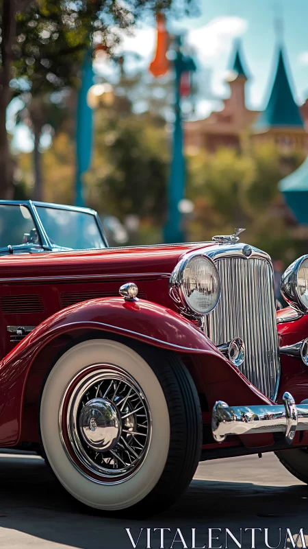 Red vintage convertible is parked outdoors in soft daylight