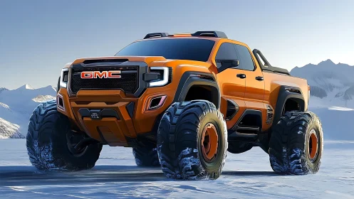 GMC orange Arctic off-road truck with oversized snow tires.
