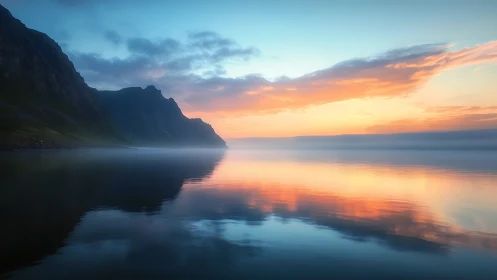 Coastal mountain silhouettes reflected in calm sunset water.