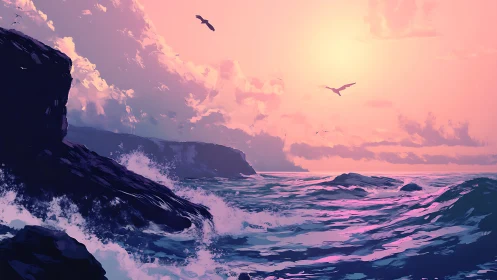 Soft sunset surf rolling beneath pastel painted skies.