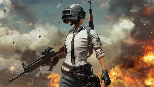 Helmeted shooter in white shirt amid heavy battlefield fire.