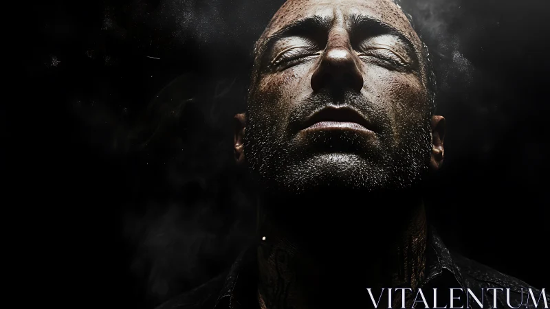 Weathered male face emerges from darkness in stark relief.