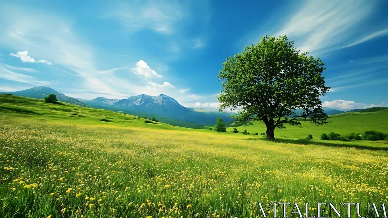 Solitary tree amid sunlit meadow and distant blue mountains.