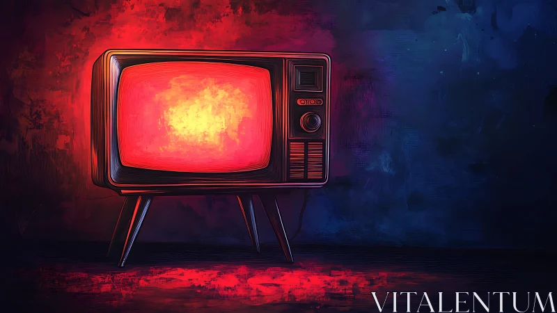 Retro television glowing against red and blue backdrop.