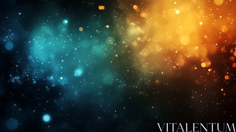 Abstract teal and amber cosmic bokeh field background.