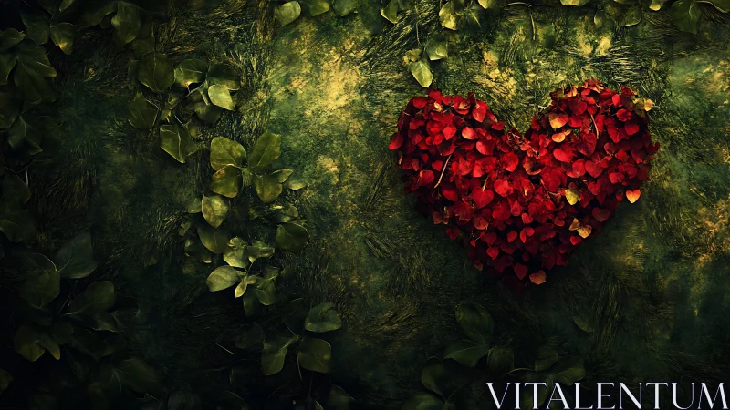 Red petals arranged in heart shape on moss-covered ground