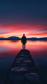 Solitary figure contemplates vivid sunset over calm lake.