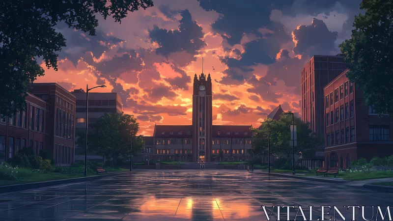 Sunset-lit campus clocktower over reflective quad path.