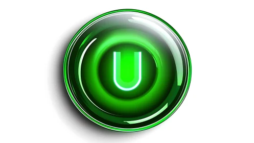 Glossy green power button with glowing U icon symbol.