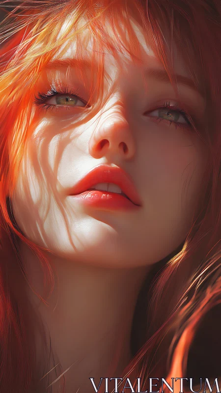 Hyperreal close portrait with sunlit orange hair rendering.