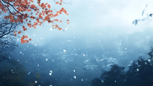 Scarlet maple leans into a blue rain dream above town