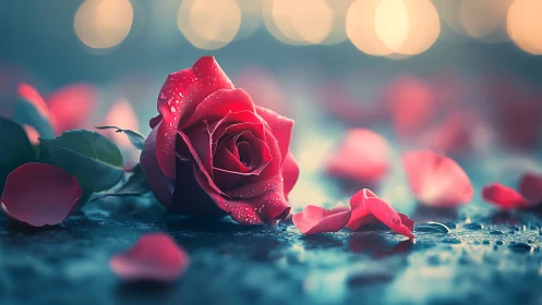 A Crimson Rose Glistens with Dewdrops and Romance.