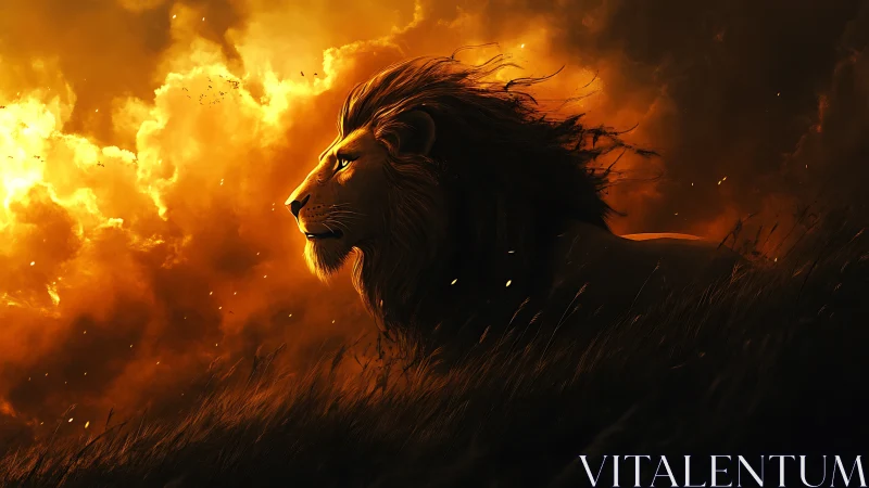Lion profile in tall grass against dense glowing clouds.