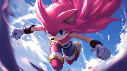 Pink speedster hedgehog lunges forward through open sky