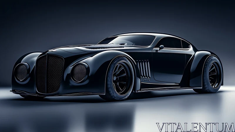 Streamlined black retro-futuristic coupe rendered in studio