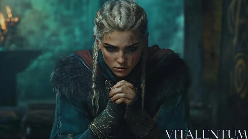 Viking shieldmaiden studies battle in cold torchlight.