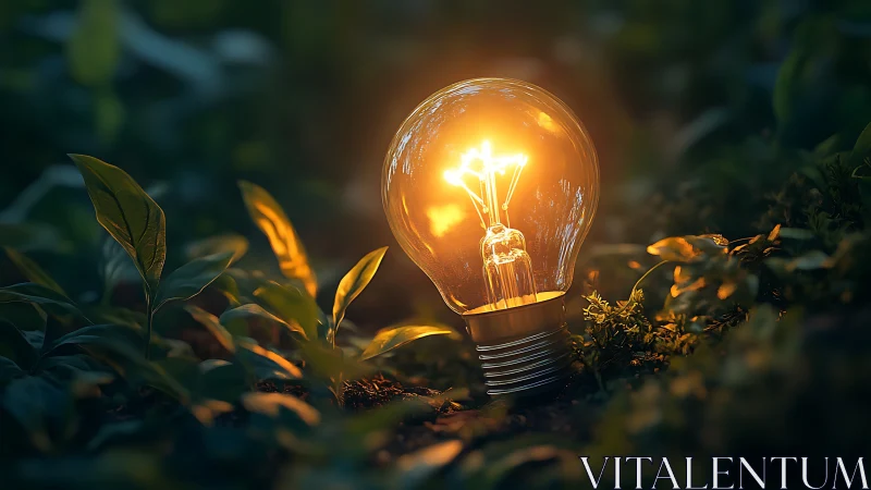 Glowing Light Bulb in Lush Green Forest, Nature Concept Photo.