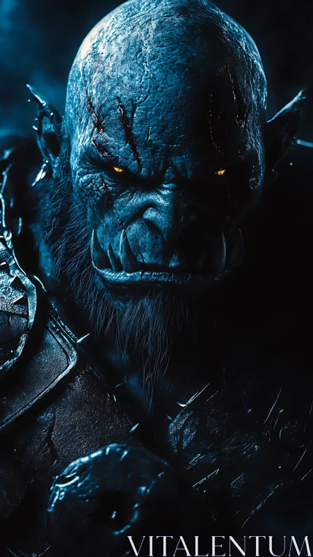 Orc warrior portrait shows close frontal view in blue light