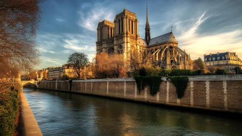 Golden hour view of Notre Dame above the Seine River.