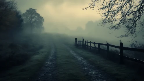 Foggy country lane with wooden fence at dawn.