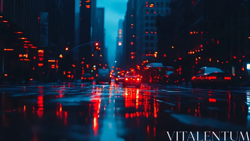 Rainy city street with blurred traffic lights at night.