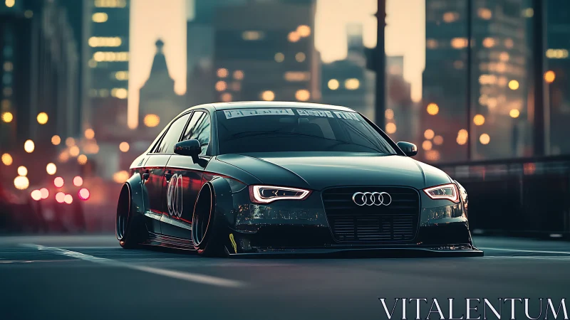 Stanced Audi sedan on urban bridge at dusk with bokeh lights.