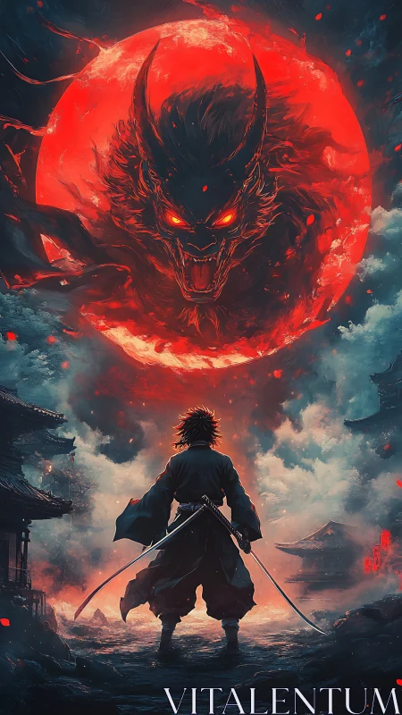 Blood moon roars while a lone samurai measures its fury