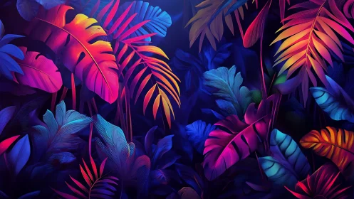 Neon tropical foliage in saturated gradient jungle palette.