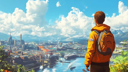 Traveler overlooks a colorful futuristic riverside city at dawn