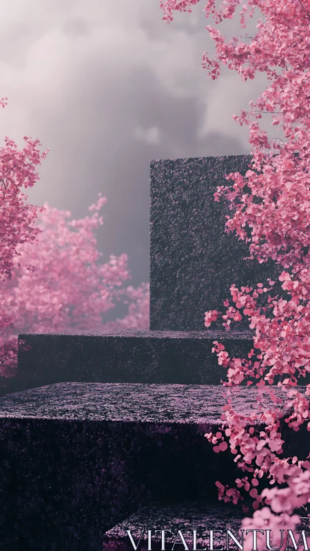 Granite steps rise through dense pink blossom haze