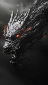 Dark dragon head with glowing eyes in storm clouds.