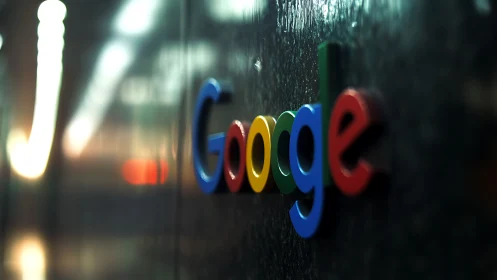 Google wall logo in shallow focus, glowing office bokeh.