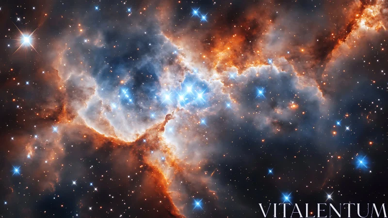 Stellar nursery ablaze with blue embers in cosmic fog.