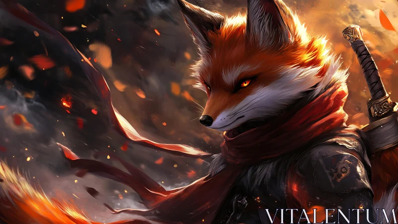 Anthropomorphic fox warrior in ember-streaked, high-contrast lighting