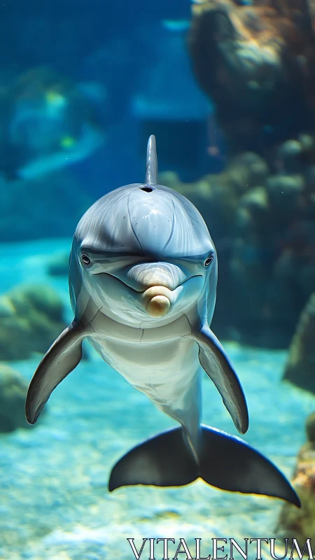 Frontally illuminated dolphin in clear aquarium tank with shallow depth