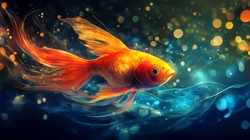 Radiant golden koi glides through glowing abstract waters