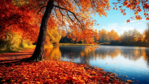 Autumn lake shoreline under vivid orange foliage glow.