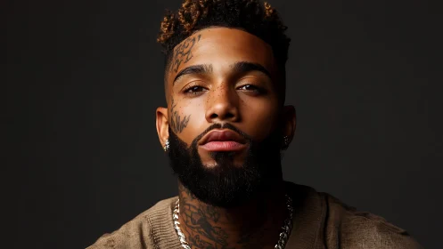 Studio portrait of tattooed man with beard under soft key light
