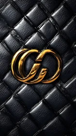 Gold monogram emblem on quilted black leather surface.