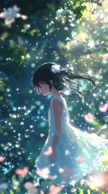 Girl in white dress walks through luminous forest petals