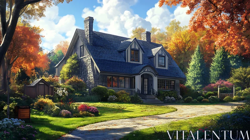 Stone-clad cottage with autumnal arboriculture and daylight rendering.