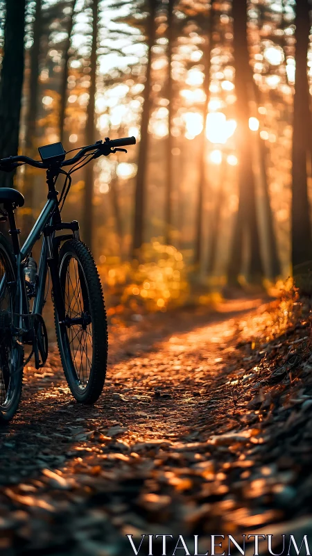 Mountain bike positioned on forest trail at golden hour sunset.