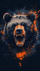 Roaring bear head with orange splatter on dark background.