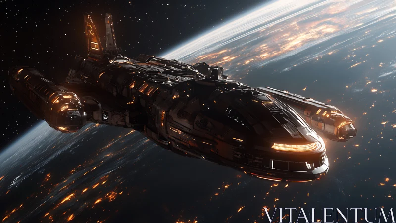 Massive starship glides above illuminated planetary horizon.