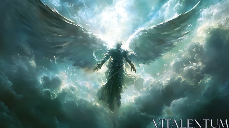 Radiant celestial angel descends through storm-lit clouds