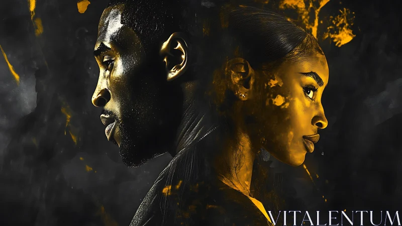 Twin ember portraits in blackened smoke and molten gold.