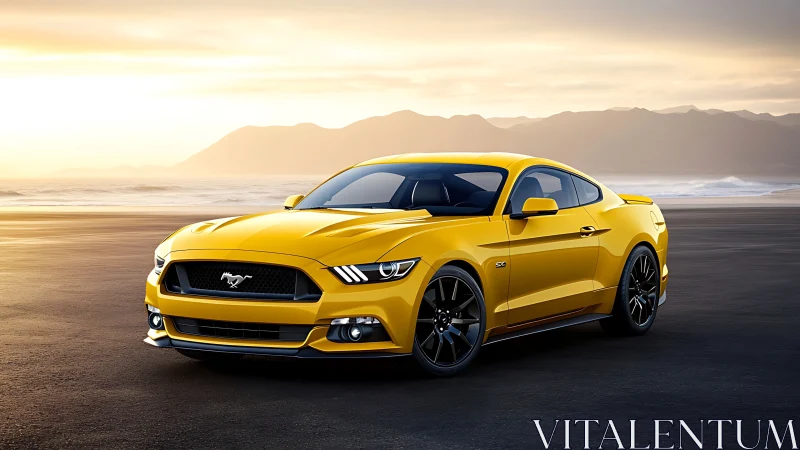 Yellow sports coupe parked on coastal asphalt at sunset.