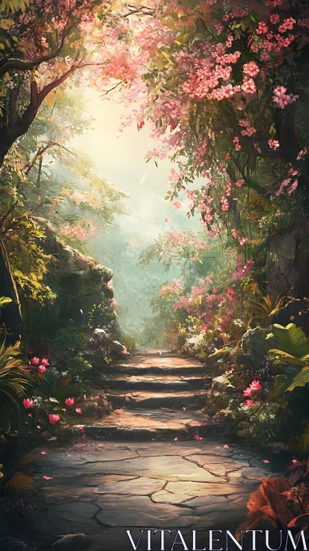 Sunlit stone steps wander into a secret blooming forest gate