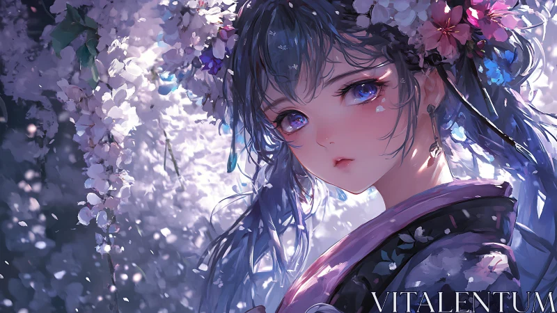 Anime floral portrait with luminous bokeh and soft rim lighting.